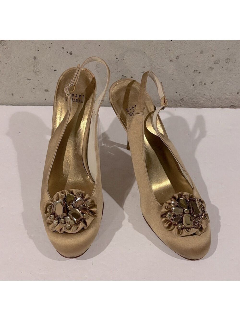 Stuart Weitzman Gold Satin Slingback Pumps With Jeweled Embellishment - Size 10